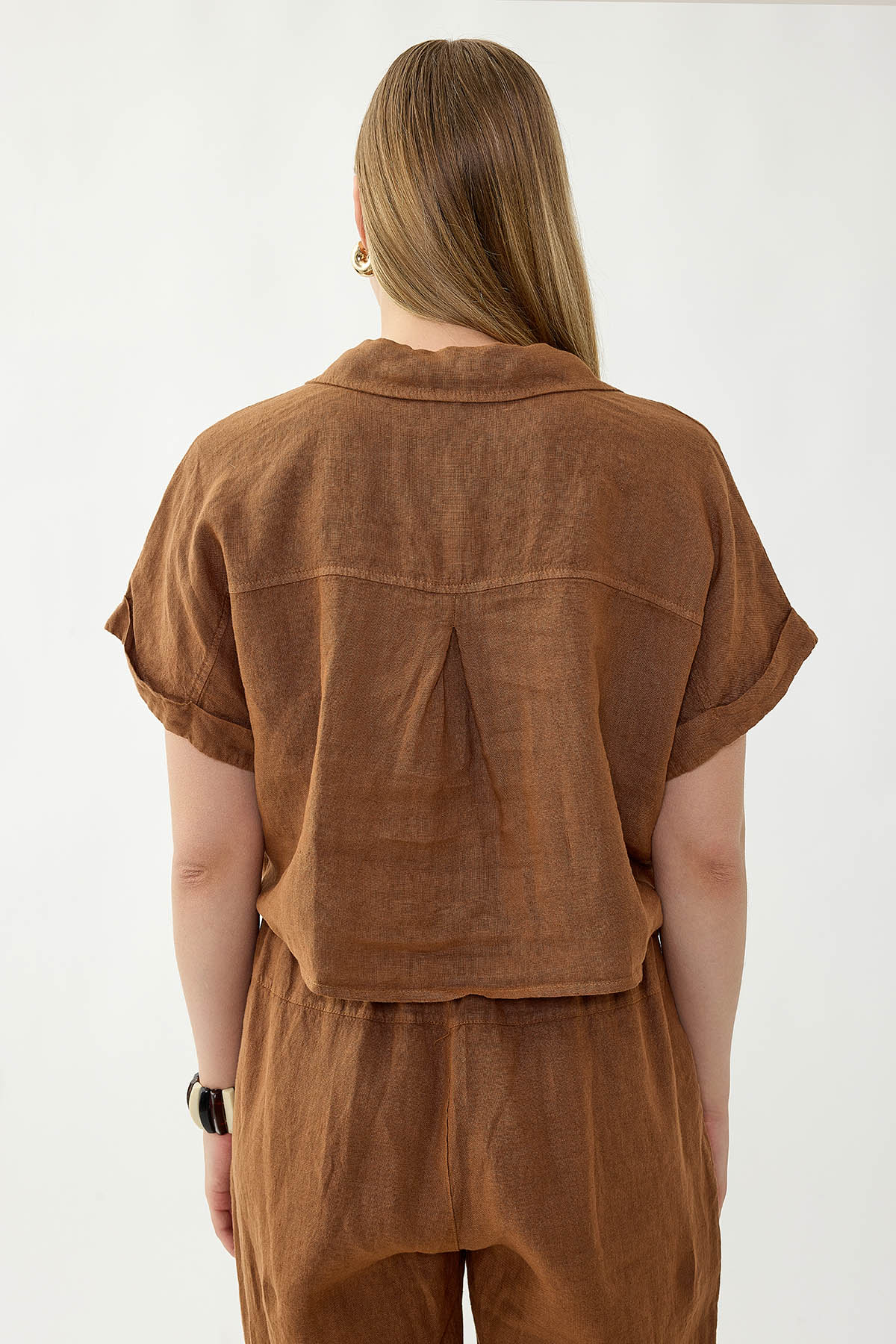 %100 Keten Kapak Cepli Önü Bağlamalı Kısa Kol Gömlek - Thumbnail