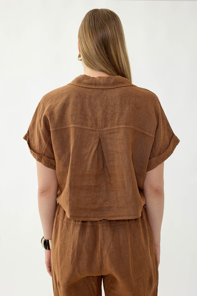 %100 Keten Kapak Cepli Önü Bağlamalı Kısa Kol Gömlek - 7