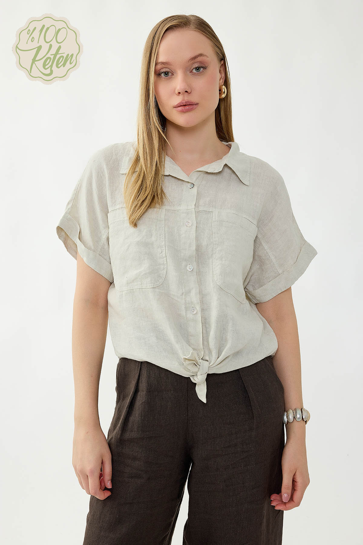 %100 Keten Kapak Cepli Önü Bağlamalı Kısa Kol Gömlek - Thumbnail
