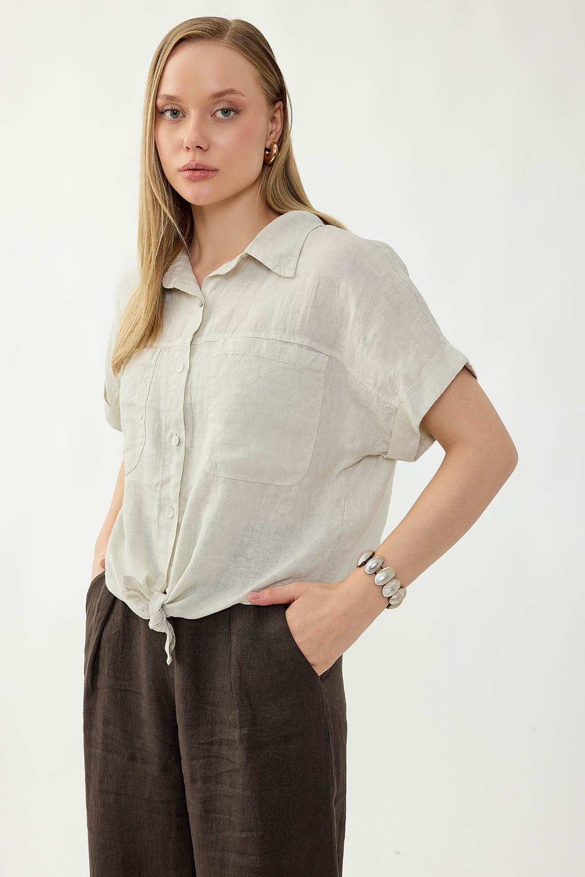%100 Keten Kapak Cepli Önü Bağlamalı Kısa Kol Gömlek - Thumbnail