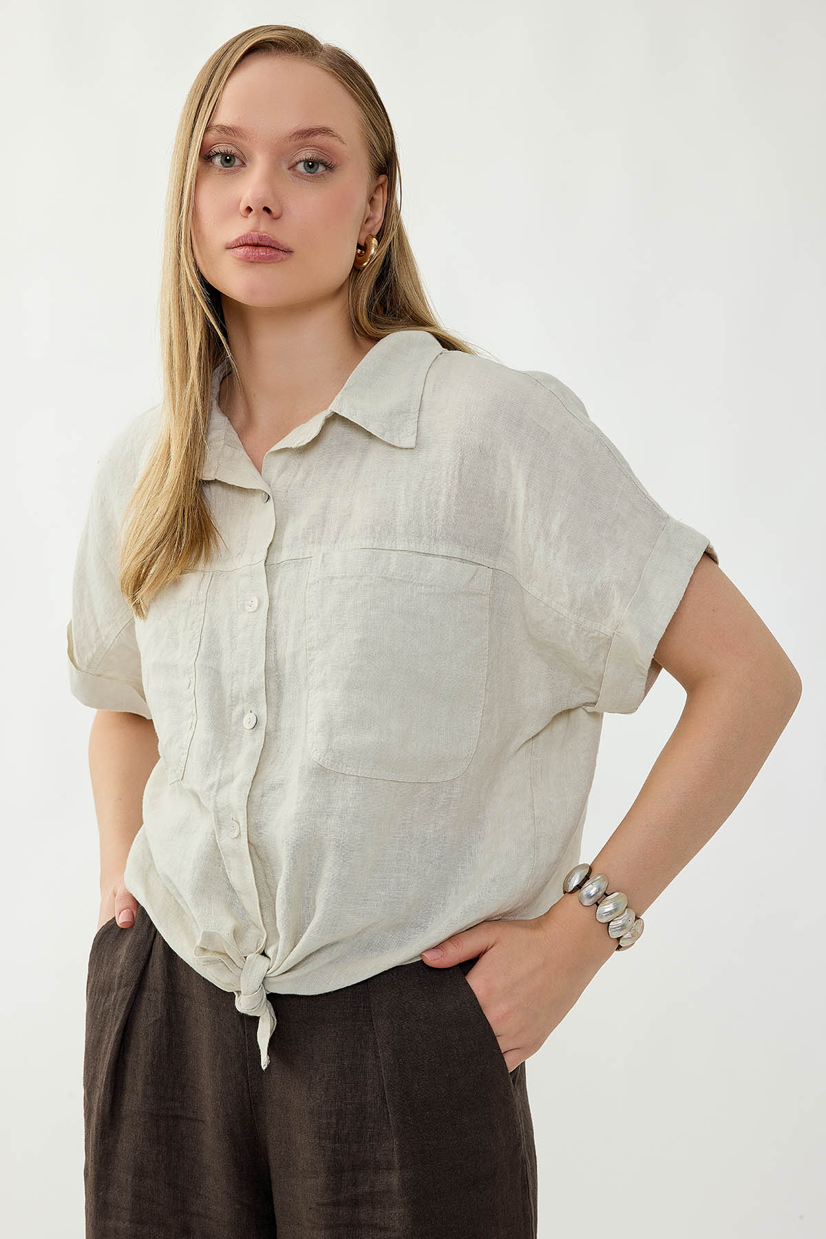 %100 Keten Kapak Cepli Önü Bağlamalı Kısa Kol Gömlek - Thumbnail