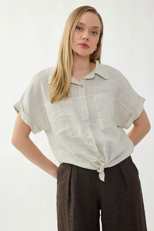 %100 Keten Kapak Cepli Önü Bağlamalı Kısa Kol Gömlek - 39