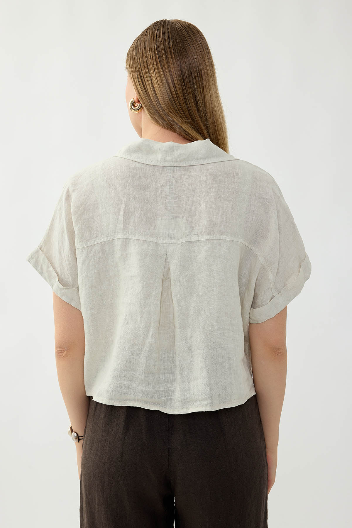 %100 Keten Kapak Cepli Önü Bağlamalı Kısa Kol Gömlek - Thumbnail