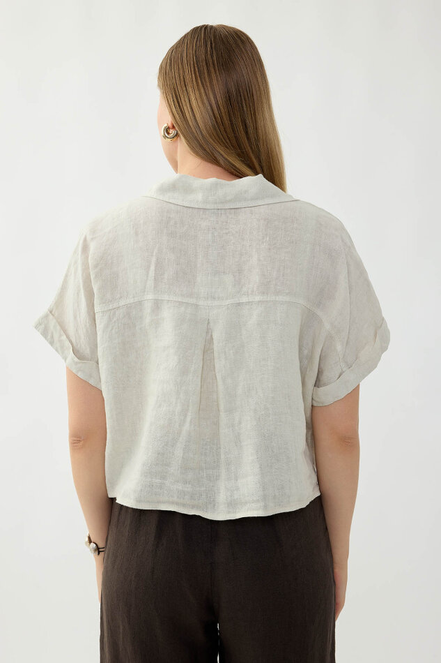 %100 Keten Kapak Cepli Önü Bağlamalı Kısa Kol Gömlek - 37