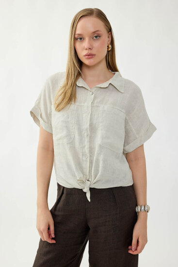 %100 Keten Kapak Cepli Önü Bağlamalı Kısa Kol Gömlek - 38