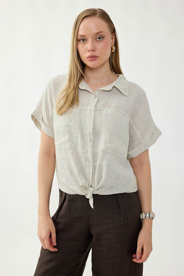 %100 Keten Kapak Cepli Önü Bağlamalı Kısa Kol Gömlek - 38