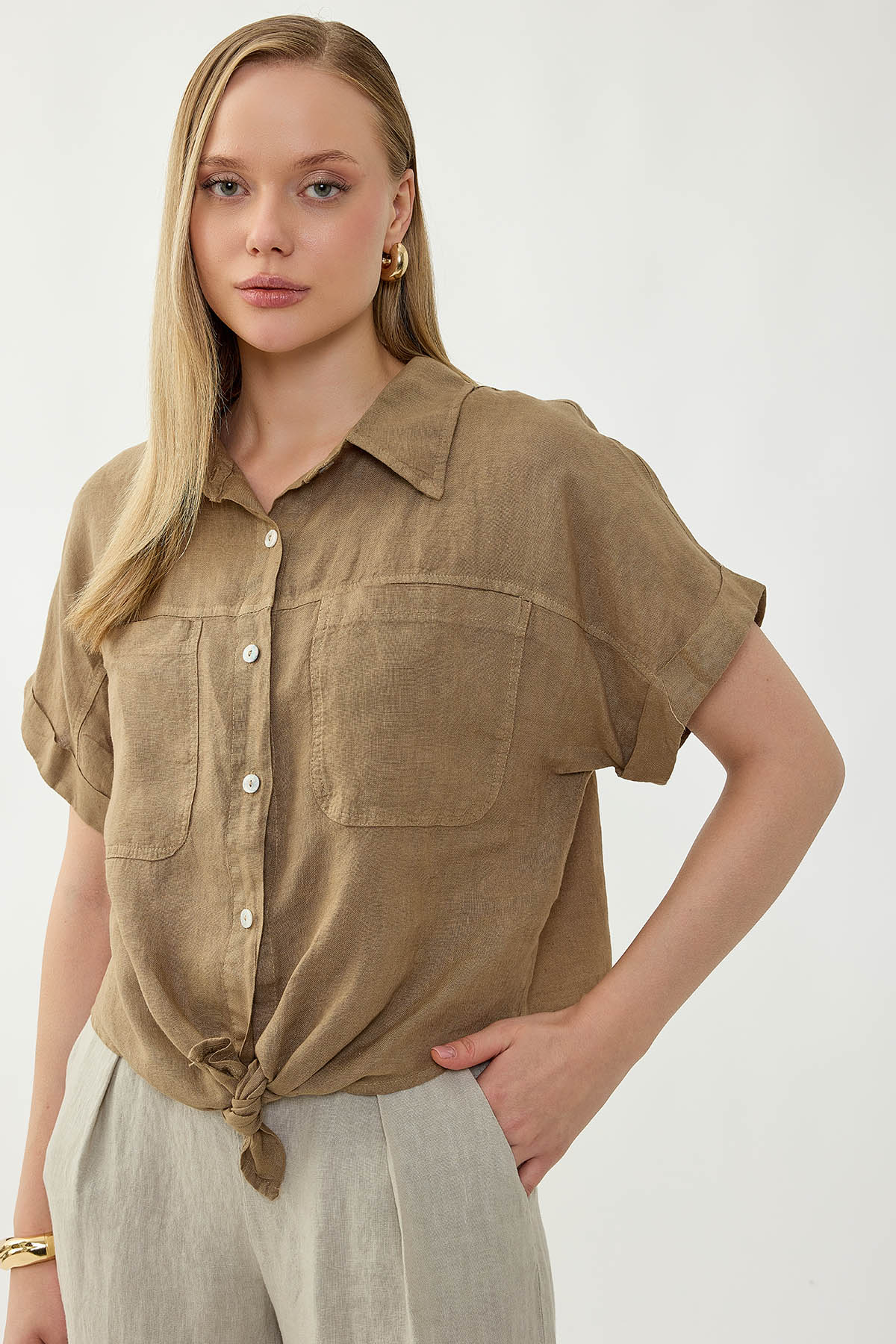 %100 Keten Kapak Cepli Önü Bağlamalı Kısa Kol Gömlek - Thumbnail