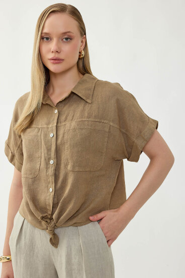%100 Keten Kapak Cepli Önü Bağlamalı Kısa Kol Gömlek - 42