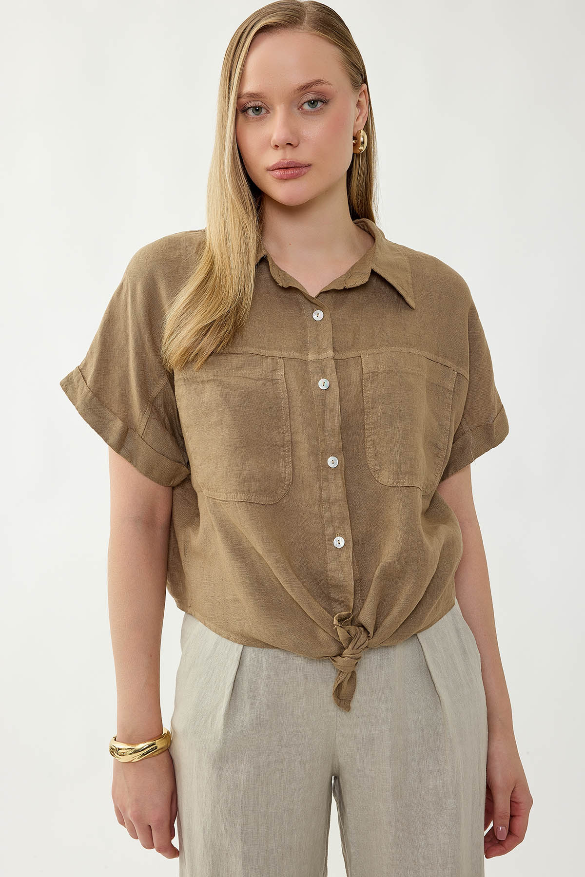%100 Keten Kapak Cepli Önü Bağlamalı Kısa Kol Gömlek - Thumbnail