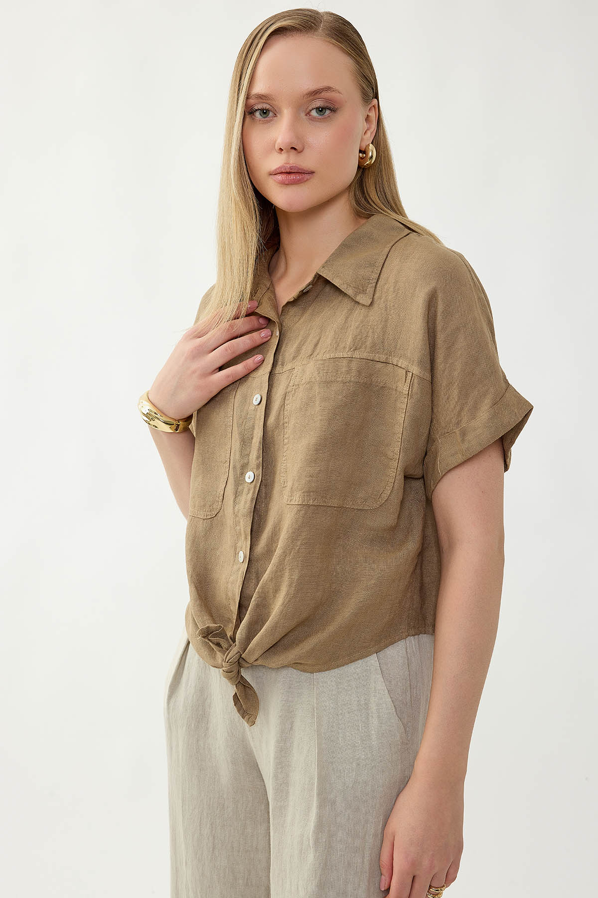 %100 Keten Kapak Cepli Önü Bağlamalı Kısa Kol Gömlek - Thumbnail
