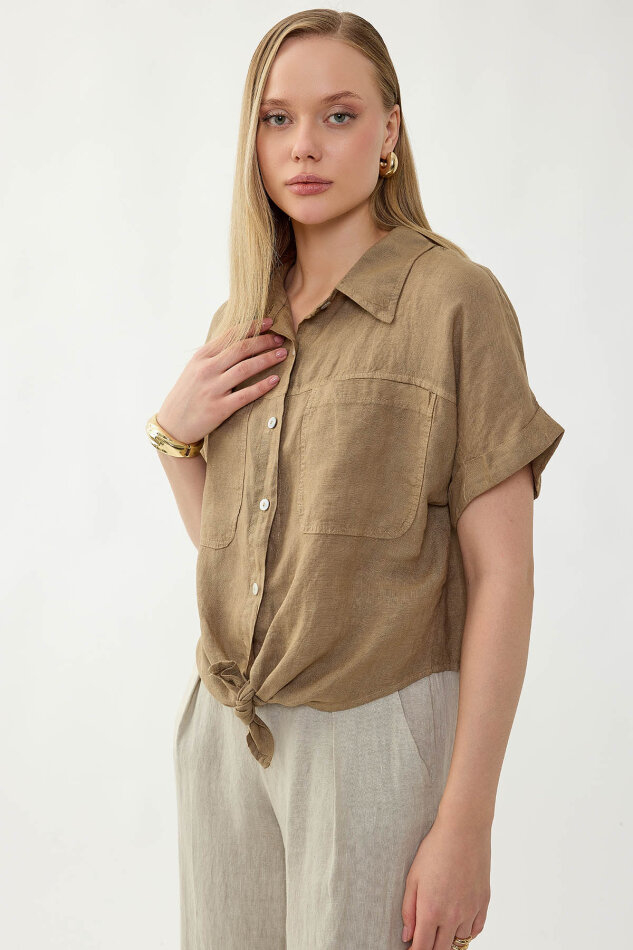 %100 Keten Kapak Cepli Önü Bağlamalı Kısa Kol Gömlek - 44