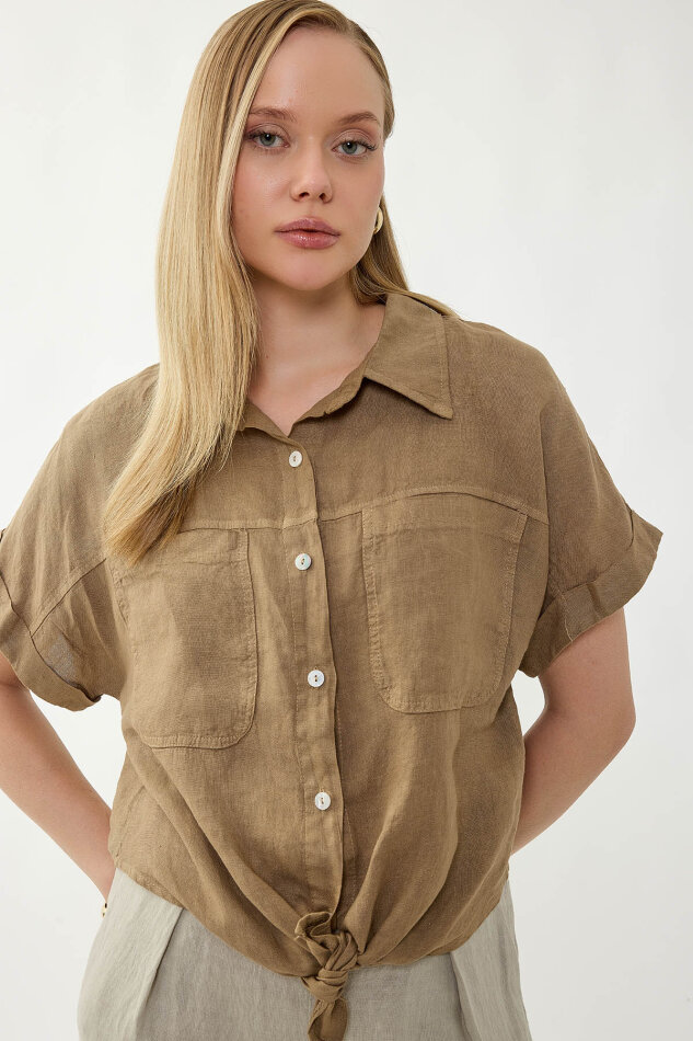 %100 Keten Kapak Cepli Önü Bağlamalı Kısa Kol Gömlek - 46