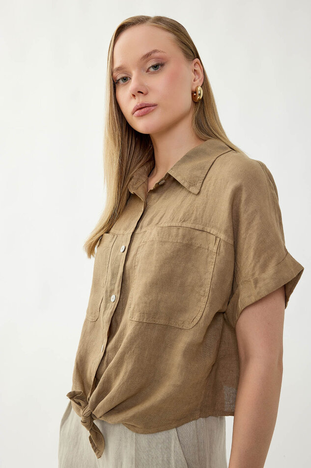 %100 Keten Kapak Cepli Önü Bağlamalı Kısa Kol Gömlek - 47