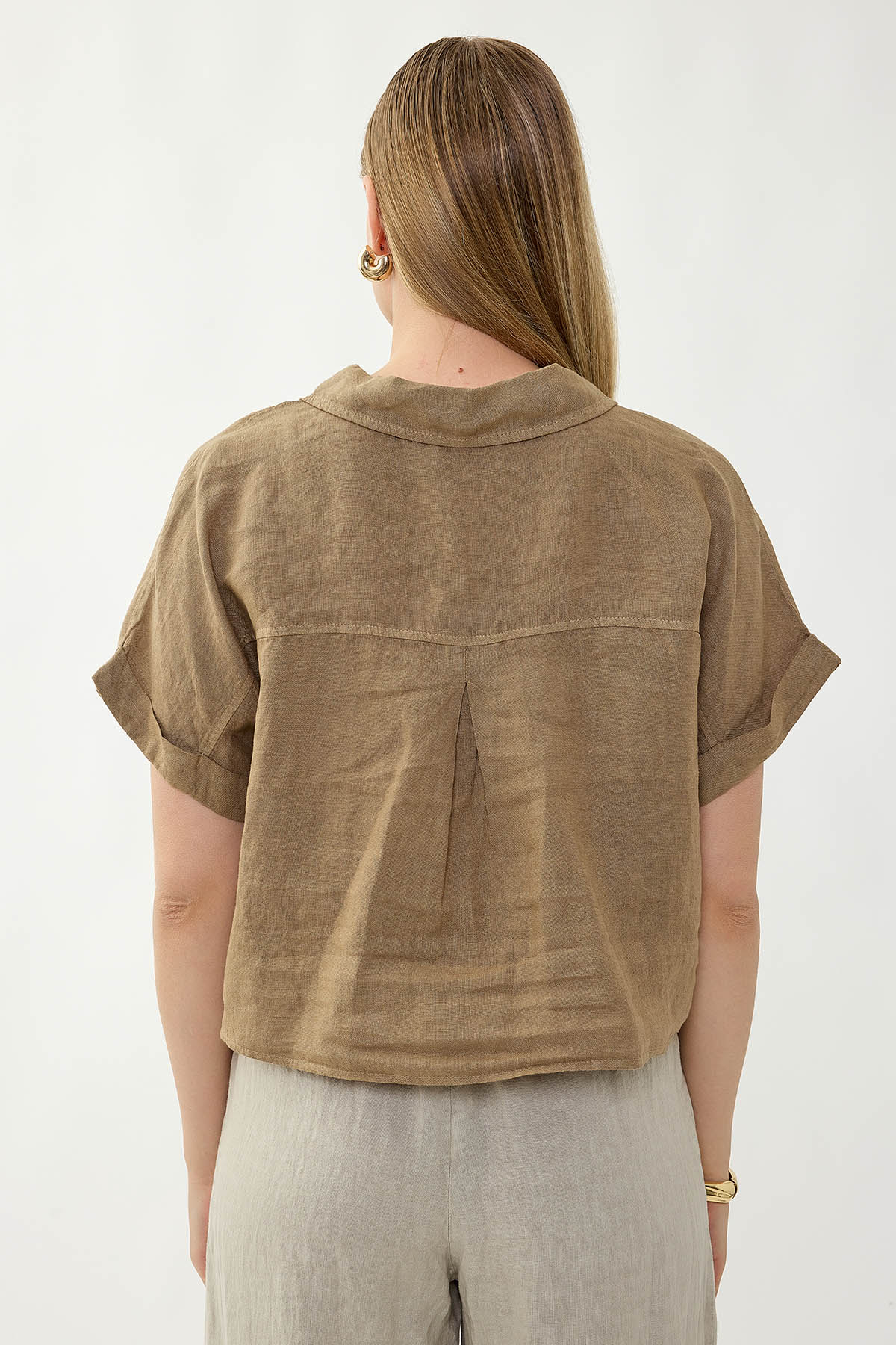 %100 Keten Kapak Cepli Önü Bağlamalı Kısa Kol Gömlek - Thumbnail