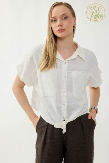 %100 Keten Kapak Cepli Önü Bağlamalı Kısa Kol Gömlek - 8