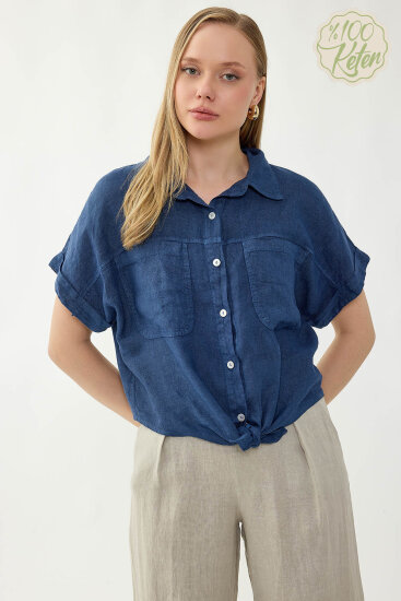 %100 Keten Kapak Cepli Önü Bağlamalı Kısa Kol Gömlek - 13