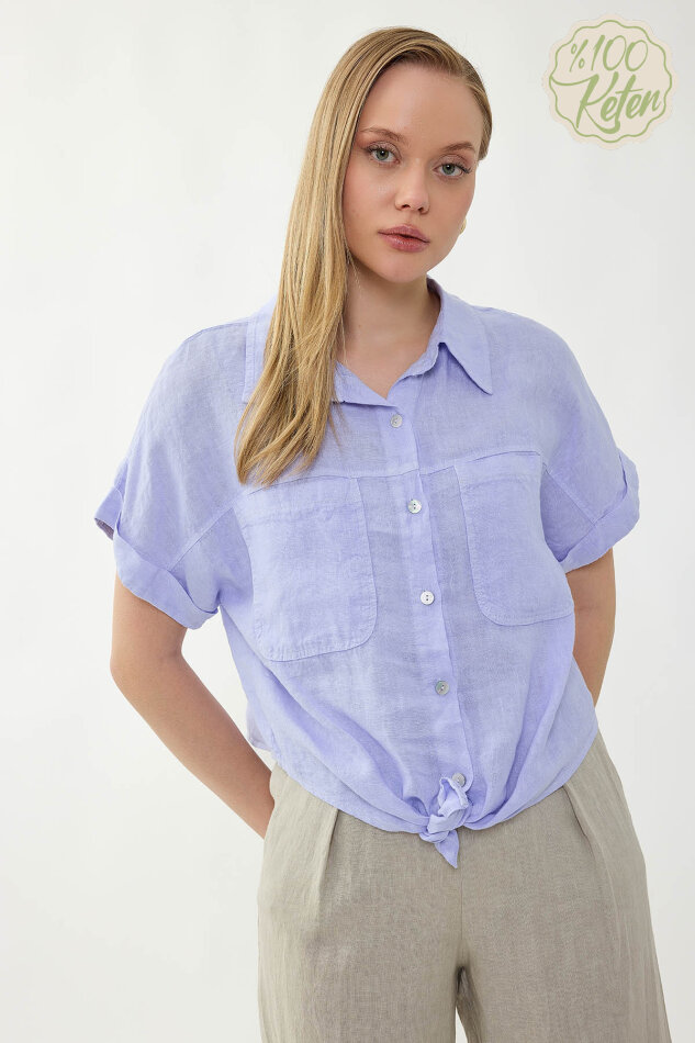 %100 Keten Kapak Cepli Önü Bağlamalı Kısa Kol Gömlek - 20