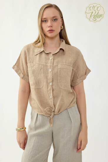 %100 Keten Kapak Cepli Önü Bağlamalı Kısa Kol Gömlek - 26