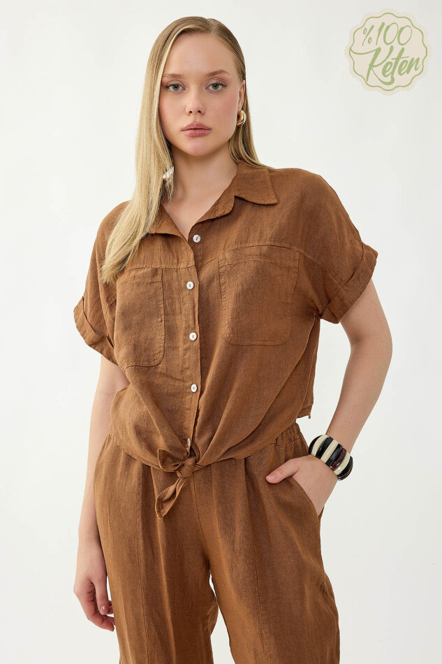 %100 Keten Kapak Cepli Önü Bağlamalı Kısa Kol Gömlek - 3