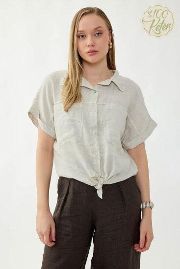 %100 Keten Kapak Cepli Önü Bağlamalı Kısa Kol Gömlek - 34