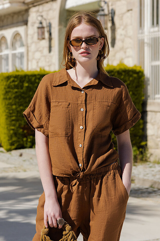 %100 Keten Kapak Cepli Önü Bağlamalı Kısa Kol Gömlek