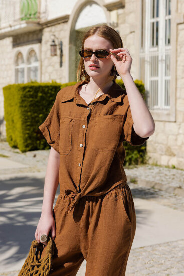 %100 Keten Kapak Cepli Önü Bağlamalı Kısa Kol Gömlek - 2