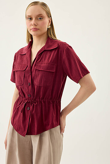 Kapak Cepli Önü Büzgülü Kısa Kol Bluz - 2