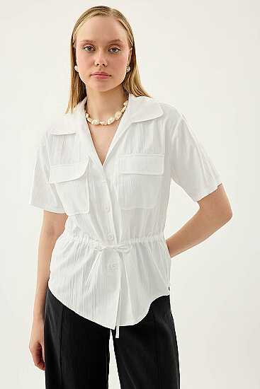 Kapak Cepli Önü Büzgülü Kısa Kol Bluz - 8