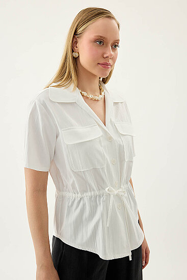 Kapak Cepli Önü Büzgülü Kısa Kol Bluz - 10