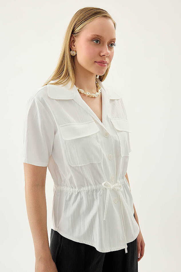 Kapak Cepli Önü Büzgülü Kısa Kol Bluz - 10