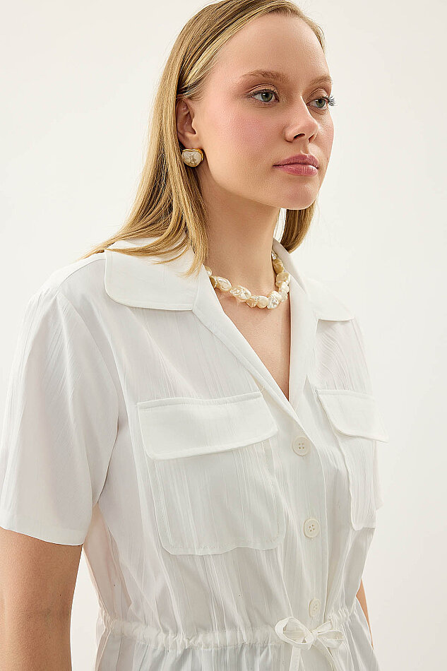 Kapak Cepli Önü Büzgülü Kısa Kol Bluz - 11