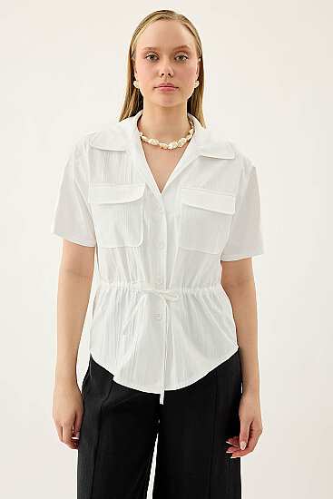 Kapak Cepli Önü Büzgülü Kısa Kol Bluz - 6