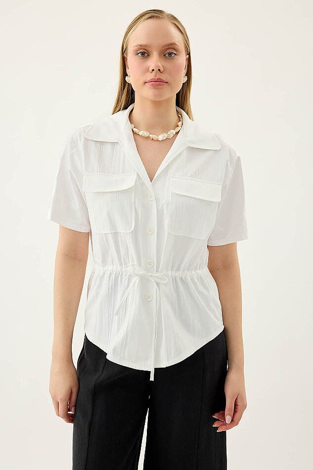 Kapak Cepli Önü Büzgülü Kısa Kol Bluz - 6