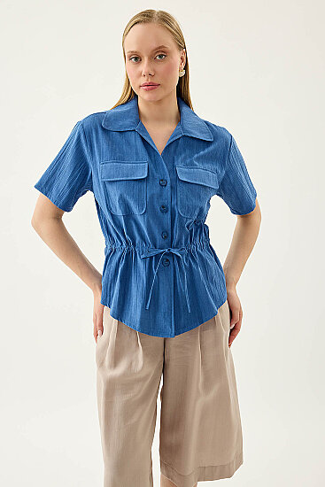 Kapak Cepli Önü Büzgülü Kısa Kol Bluz - 15