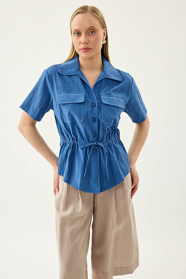 Kapak Cepli Önü Büzgülü Kısa Kol Bluz - 15