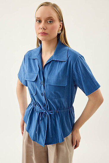 Kapak Cepli Önü Büzgülü Kısa Kol Bluz - 16