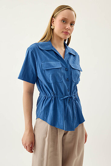 Kapak Cepli Önü Büzgülü Kısa Kol Bluz - 19