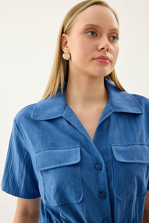 Kapak Cepli Önü Büzgülü Kısa Kol Bluz - 20