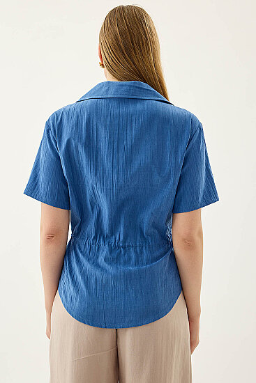 Kapak Cepli Önü Büzgülü Kısa Kol Bluz - 18