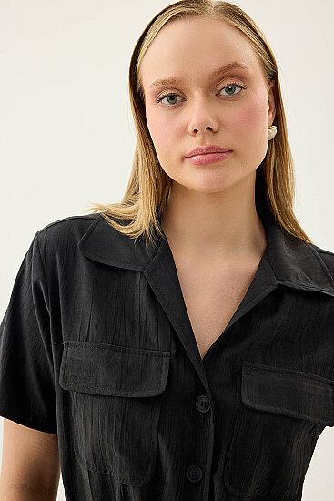 Kapak Cepli Önü Büzgülü Kısa Kol Bluz - 26