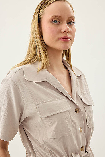 Kapak Cepli Önü Büzgülü Kısa Kol Bluz - 30