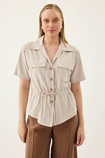 Kapak Cepli Önü Büzgülü Kısa Kol Bluz - 27