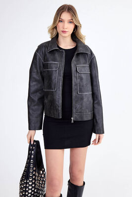 VİTRİN - Kapak Cepli Suni Deri Biker Ceket (1)