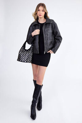 Kapak Cepli Suni Deri Biker Ceket - Thumbnail (2)