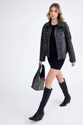 Kapak Cepli Suni Deri Biker Ceket - Thumbnail (3)