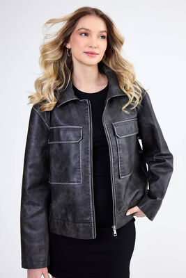 Kapak Cepli Suni Deri Biker Ceket - Thumbnail (5)