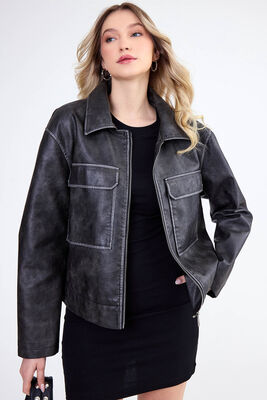 VİTRİN - Kapak Cepli Suni Deri Biker Ceket