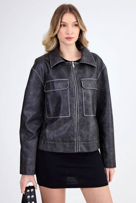 Kapak Cepli Suni Deri Biker Ceket - Thumbnail (6)