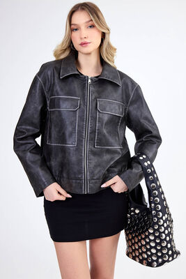 Kapak Cepli Suni Deri Biker Ceket - Thumbnail (7)