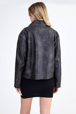 Kapak Cepli Suni Deri Biker Ceket - Thumbnail (4)